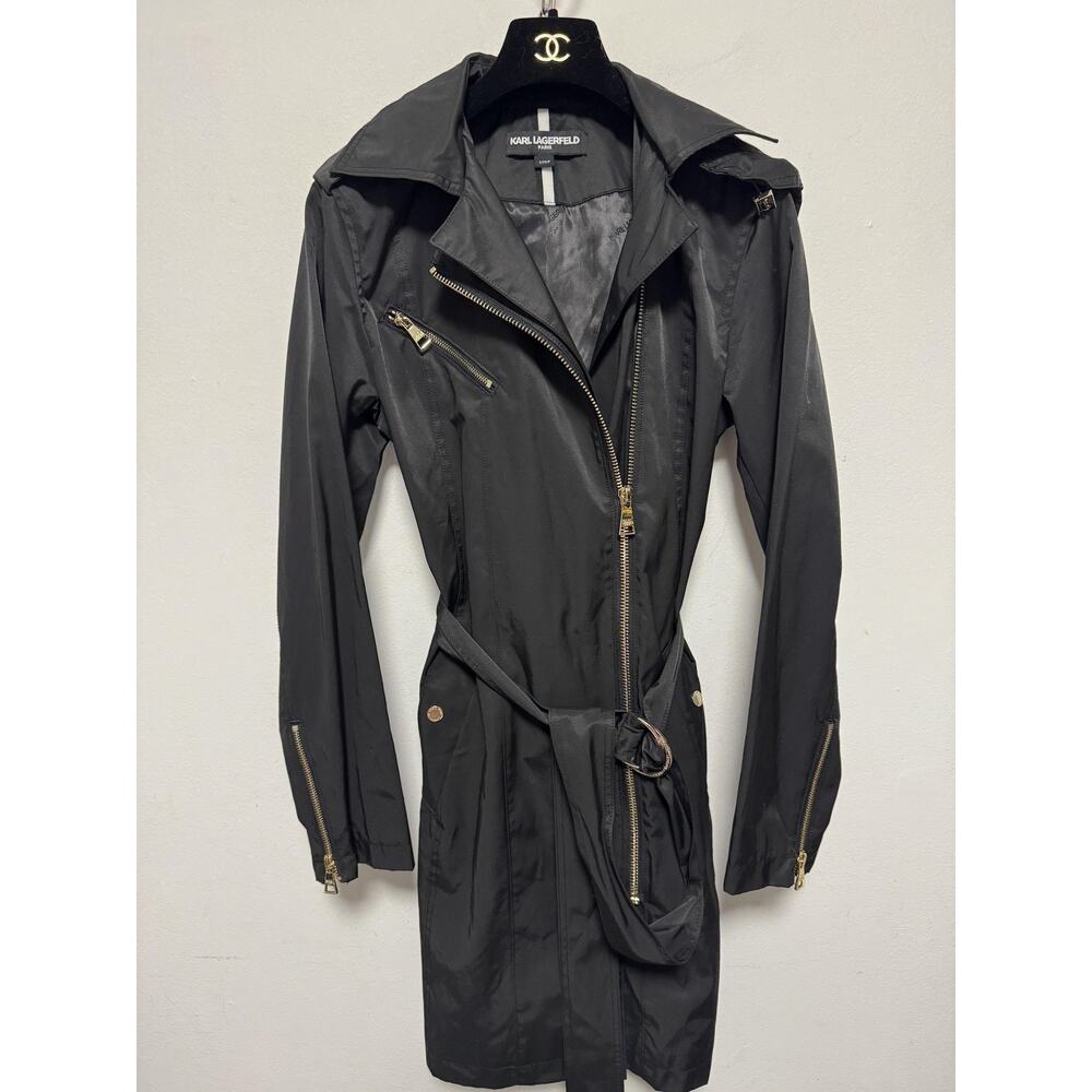 Karl Lagerfeld Paris Trench Coat Womens Small Black Belted Asym Zip Hooded Moto